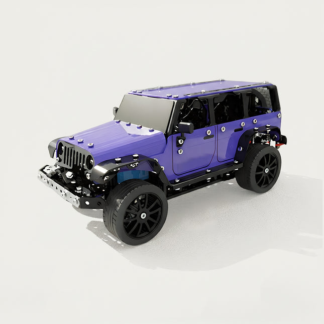 A clean product shot of a purple off-road SUV metal model on a plain background, built from 3D puzzle Metal Kits as an awesome steampunk puzzle steam punk mech.