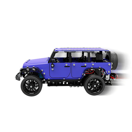 A dynamic motion side profile shot of a purple off-road SUV metal model, built from 3D puzzle Metal Kits as an awesome steampunk puzzle steam punk mech.