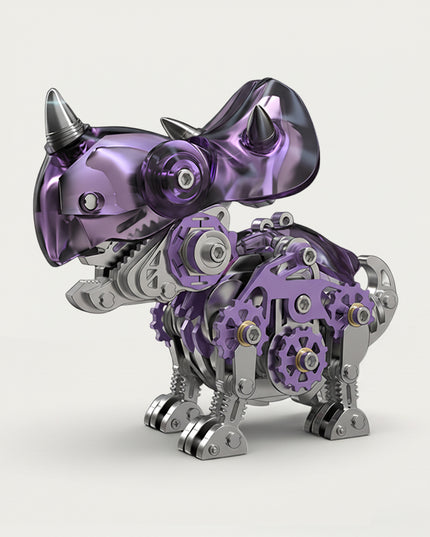 Mechanical Triceratops 3D puzzle Metal Kit - A dynamic fun toy for dinosaur and mechanics lovers, this DIY assembled table funny piece features an intricate, mechanical Triceratops design. It invites you to craft a piece of power part by part. Beyond being a dynamic desktop ornament with striking purple and metallic details, it serves as an educational tool for kids to learn about dinosaur anatomy and mechanical structures during assembly. It’s also a stylish decor for home offices.