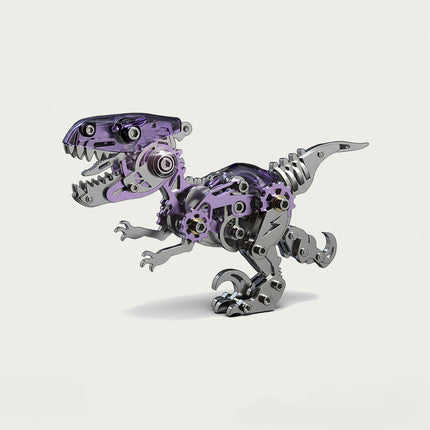 Purple Mechanical T-Rex 3D puzzle Metal Kits - DIY assembled funny table metal model, vibrant, intricate, and futuristic dinosaur design with translucent purple accents and visible gears, offering fun and challenging assembly, and creative metal artistry for unique desktop decoration