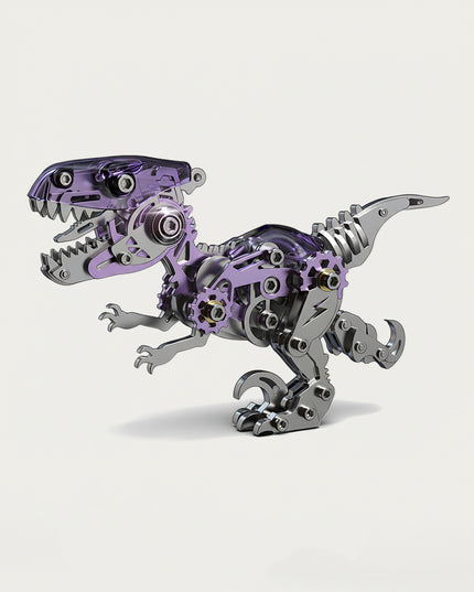 Purple Mechanical T-Rex 3D puzzle Metal Kits - DIY assembled funny table metal model, vibrant, intricate, and futuristic dinosaur design with translucent purple accents and visible gears, offering fun and challenging assembly, and creative metal artistry for unique desktop decoration