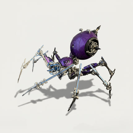 able Funny 3D Puzzle Metal Kits Spider-Form Artwork - A vibrant sci-fi creation for DIY enthusiasts, industrial/mechanical design lovers, and decor admirers, this piece from Table Funny is an elaborate spider-form artwork assembled from 3D puzzle metal kits. It features a purple-silver-blue metallic structure, exposed gear mechanics, 8 poseable multi-jointed legs (claw-tipped), an articulated spherical core (with "KB" marking), and sharp blade accessories