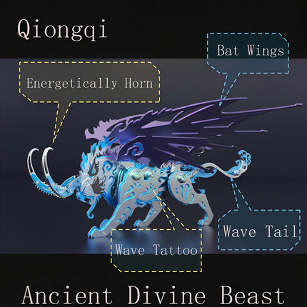 Anatomy diagram of the mechanical steampunk mythic beast Qiongqi, labeled with design features like Bat Wings and Energetically Horn.