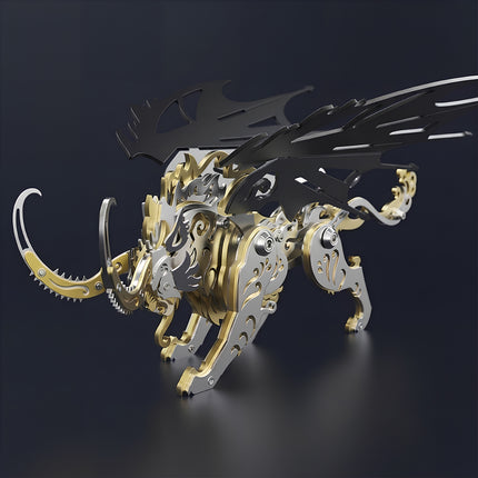 Three-quarter angle view of mechanical steampunk Qiongqi mythical beast, a premium 3D puzzle metal kits collectible.