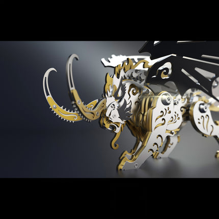 Close-up detail of mechanical steampunk Qiongqi, showcasing the intricate tusks and head of the metal model.