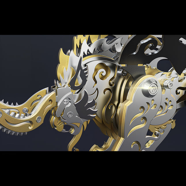 Macro detail view of mechanical steampunk Qiongqi, showcasing the intricate engraved metal plates and screws of the metal model.