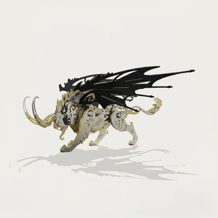 Chinese mythical beast Qiongqi mechanical steampunk puzzle, an intricate gold and silver metal model of a winged tiger.
