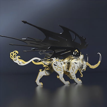 Right side three-quarter back view of the mechanical steampunk puzzle Qiongqi, featuring gold and silver detailing with black wings.