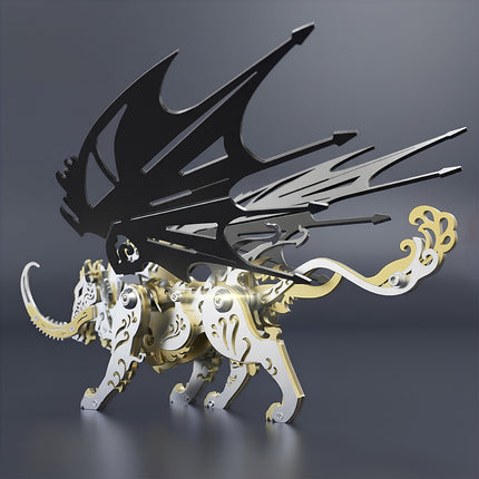 Three-quarter back view of steam punk mech Qiongqi, showcasing the intricate wings and tail of the 3D puzzle metal kits.