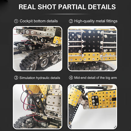 Real shot partial details of the excavator metal model showing cockpit bottom, metal fittings, and simulation hydraulic details, built from 3D puzzle Metal Kits as an awesome steampunk puzzle steam punk mech.