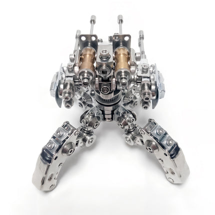 Rear close-up view of a 3D metal mechanical spider mecha turret model highlighting brass engine cylinders and articulated metal legs.