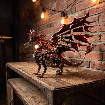 An assembled red and black 3D metal mechanical dragon model displayed on a wooden cabinet against a brick wall.