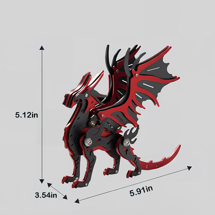 Dimensions diagram of an assembled red and black mechanical dragon steam punk mech 3D puzzle metal kit.