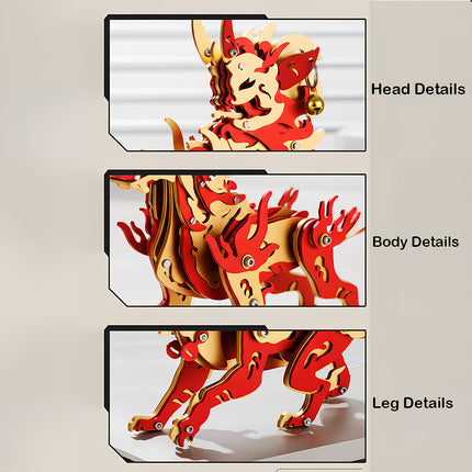 Close-up details of the head, body, and legs on an assembled red and gold Chinese mythical beast steam punk mech 3D puzzle metal kit.