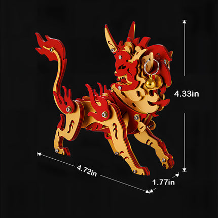 Dimensions diagram of an assembled red and gold Chinese mythical beast steam punk mech 3D puzzle metal kit.