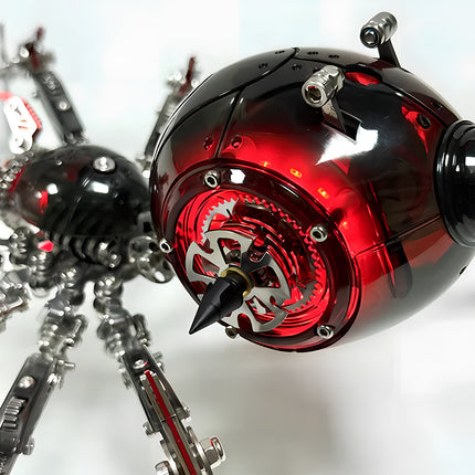Macro view of the translucent red abdomen and internal gear structure on a mechanical steampunk metal model spider.