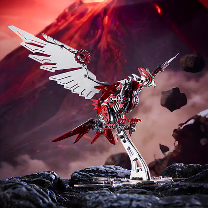 Finished 3D puzzle Metal Kits red mechanical bird, a complex and rewarding metal model project for adult hobbyists.