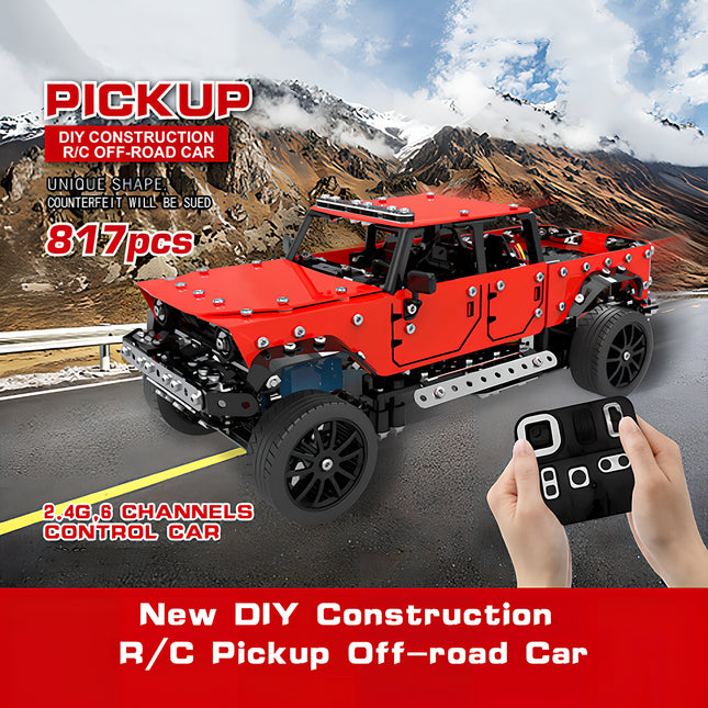 New DIY construction R/C pickup off-road car featuring 817 pieces and 2.4G 6 channels control set against a scenic mountain background, built from 3D puzzle Metal Kits as an awesome steampunk puzzle steam punk mech and metal model.