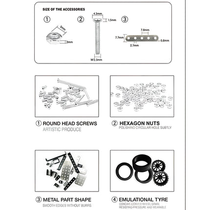 Detailed size of the accessories chart displaying round head screws, hexagon nuts, metal part shapes with smooth edges, and emulational tyres for a metal vehicle model kit, built from 3D puzzle Metal Kits as an awesome steampunk puzzle steam punk mech.