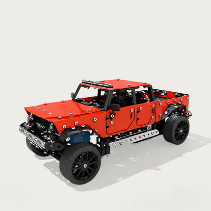 A clean product shot of a red pickup truck metal model on a plain background, built from 3D puzzle Metal Kits as an awesome steampunk puzzle steam punk mech.