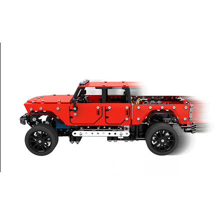 A dynamic motion side profile shot of a red pickup truck metal model, built from 3D puzzle Metal Kits as an awesome steampunk puzzle steam punk mech.