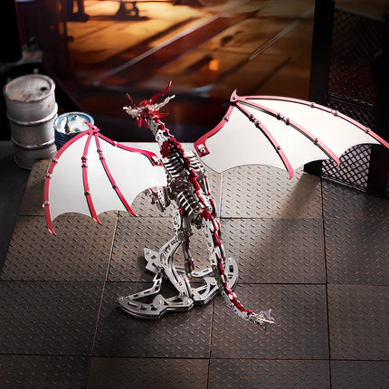 Intricate 3D puzzle Metal Kits dragon in red, handcrafted metal model masterpiece showcasing premium craftsmanship.