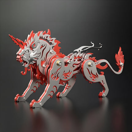 Full body view of the red and silver 3D metal puzzle Tianwu mythical beast model, showcasing the intricate cybernetic unicorn lion craftwork against a dark background.
