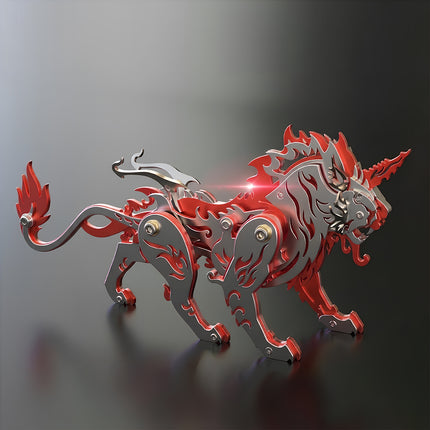 High-angle view of the red and silver mechanical animal model kit Tianwu, showcasing the detailed metal plates, flame-patterned legs, and a glowing red light flare on its neck.