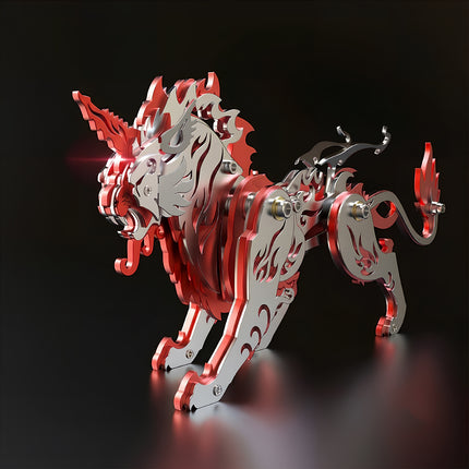 Three-quarter front view of the red and silver steampunk beast model kit Tianwu, featuring a glowing red eye effect and laser-cut metallic armor.