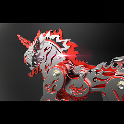 Side profile close-up of the red and silver steampunk puzzle Tianwu, showing the intricate mechanical joints and layered armor plates of the metal beast.