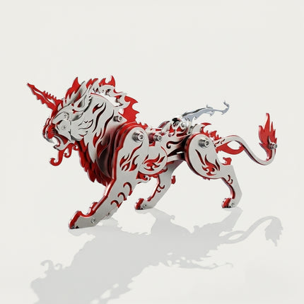 Red and silver metal mechanical craft of Tianwu water god beast, showcasing the 3D DIY assembly puzzle kit for adults in a mythical unicorn lion design.