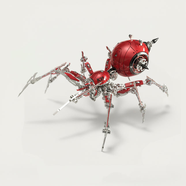 Table Funny 3D Puzzle Metal Kits Spider-Form Artwork - A bold tactical-style creation for DIY enthusiasts, industrial/mechanical design lovers, and decor admirers, this piece from Table Funny is an elaborate spider-form artwork assembled from 3D puzzle metal kits. It features a red-and-silver metallic structure, exposed gear mechanics, 8 poseable multi-jointed legs (claw-tipped), an articulated spherical core (with "KB" marking), and sharp blade accessories