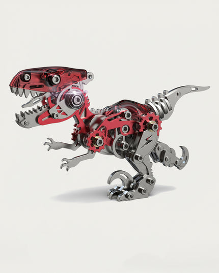 Red Mechanical T-Rex 3D puzzle Metal Kits - DIY assembled funny table metal model, striking, intricate, futuristic, dynamic, and eye-catching design with translucent red accents and visible gears, offering fun and challenging assembly for impressive desktop decoration