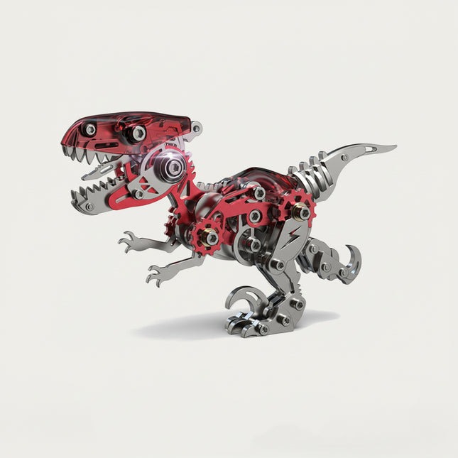 Red Mechanical T-Rex 3D puzzle Metal Kits - DIY assembled funny table metal model, striking, intricate, futuristic, dynamic, and eye-catching design with translucent red accents and visible gears, offering fun and challenging assembly for impressive desktop decoration
