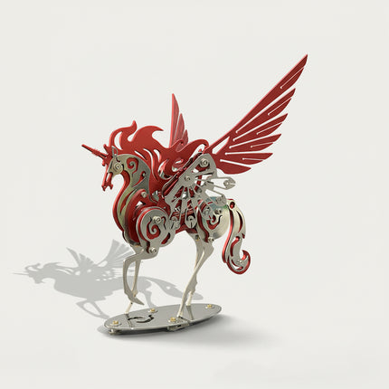 Stunning red and silver winged unicorn metal model, beautifully displayed on a white background. This DIY 3D puzzle is an ideal Metal Kits project for hobbyists and makes a vibrant, funny table decoration