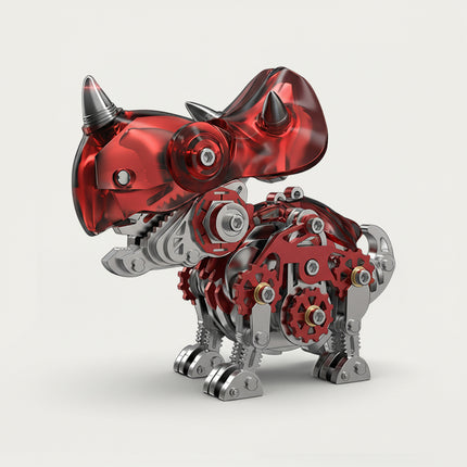 Mechanical Triceratops 3D puzzle Metal Kit - A dynamic fun toy for dinosaur and mechanics lovers, this DIY assembled table funny piece features an intricate, mechanical Triceratops design. It invites you to craft a piece of power part by part. Beyond being a dynamic desktop ornament with striking red and metallic details, it serves as an educational tool for kids to learn about dinosaur anatomy and mechanical structures during assembly. It’s also a stylish decor for home offices.