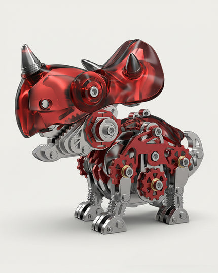 Mechanical Triceratops 3D puzzle Metal Kit - A dynamic fun toy for dinosaur and mechanics lovers, this DIY assembled table funny piece features an intricate, mechanical Triceratops design. It invites you to craft a piece of power part by part. Beyond being a dynamic desktop ornament with striking red and metallic details, it serves as an educational tool for kids to learn about dinosaur anatomy and mechanical structures during assembly. It’s also a stylish decor for home offices.