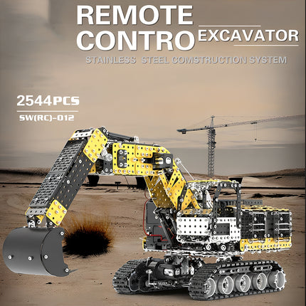 A 2544 pcs remote control excavator stainless steel construction system metal model, built from 3D puzzle Metal Kits as an awesome steampunk puzzle steam punk mech.