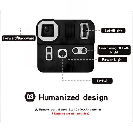 Humanized design remote control layout diagram indicating forward, backward, left, right, fine-turning, power light, switch, and 2*1.5V AAA battery requirements for a metal vehicle model kit, built from 3D puzzle Metal Kits as an awesome steampunk puzzle steam punk mech.