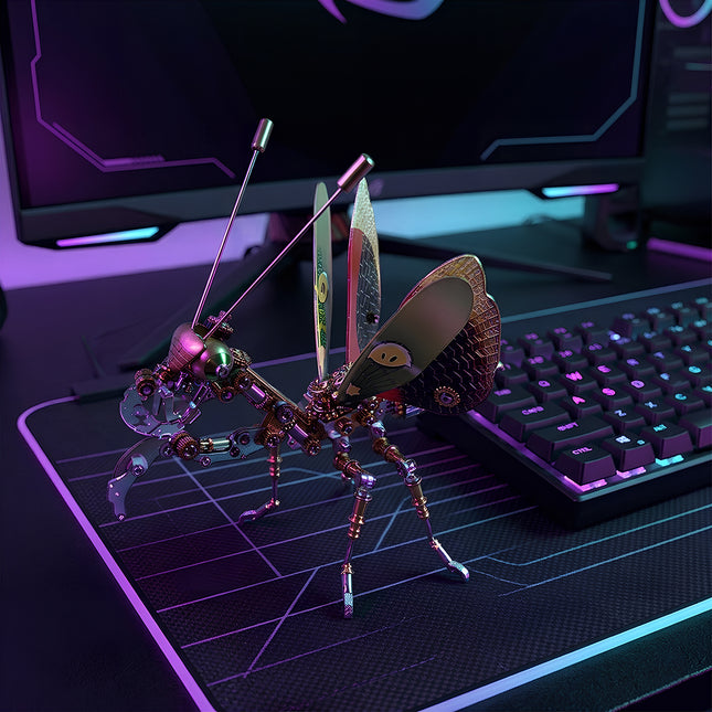 Completed 3D puzzle Metal Kits insect displayed on an RGB desk mat, an exquisite metal model project for tech-savvy hobbyists.