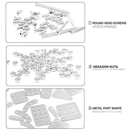 Round head screws, hexagon nuts, and smooth metal part shapes for an excavator metal model, built from 3D puzzle Metal Kits as an awesome steampunk puzzle steam punk mech accessory.