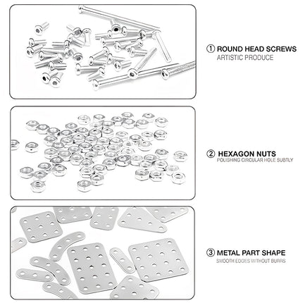 Round head screws, hexagon nuts, and metal part shapes showing smooth burr-free edges for a metal construction model kit, built from 3D puzzle Metal Kits as an awesome steampunk puzzle steam punk mech.