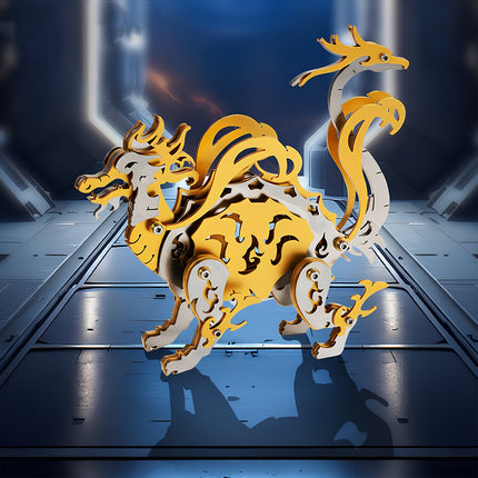A golden steampunk puzzle Xuanwu mech model set against a futuristic sci-fi corridor background.