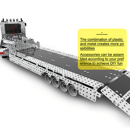A long flatbed semi-trailer metal model showcasing plastic and metal combination, built from 3D puzzle Metal Kits as a creative steampunk puzzle steam punk mech.