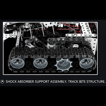 A shock absorber support assembly and track bite structure for a metal model, built from 3D puzzle Metal Kits as an awesome steampunk puzzle steam punk mech accessory.