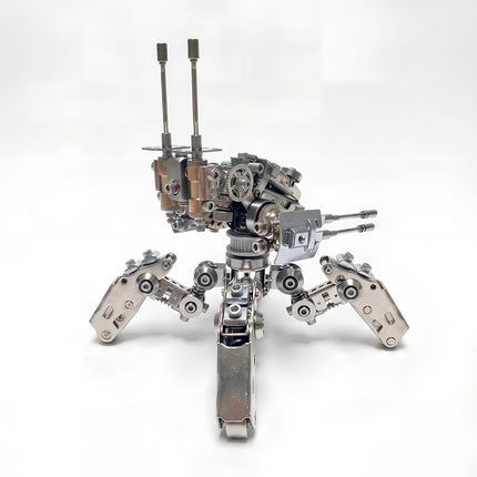Side-rear angle view of a 3D metal mechanical spider mecha model showing twin antennas and detailed gears on a white background.