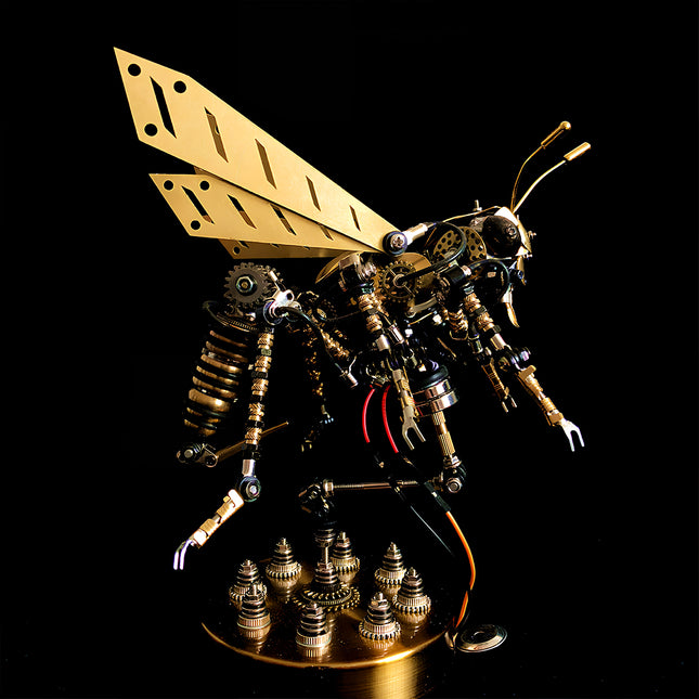 Side view of an assembled steampunk bumblebee 3D puzzle metal model, showcasing its mechanical steampunk details, golden wings, and intricate body on a dark background.