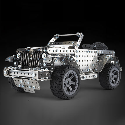 A high-quality silver off-road jeep metal model featuring detailed parts from the 3D puzzle Metal Kits collection by Tablefunny.