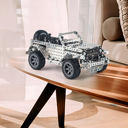  Intricate mechanical steampunk jeep with rugged tires and a spare wheel, a perfect steampunk puzzle for hobbyists.