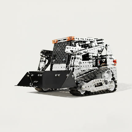 A clean product shot of a skid-steer loader metal model on a plain white background, built from 3D puzzle Metal Kits as an awesome steampunk puzzle steam punk mech.